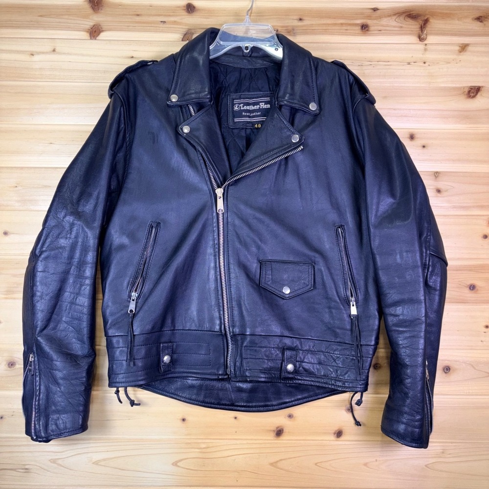 Vintage Leather Men Motorcycle Riding Jacket Mens 48 Black Leather Full Zip